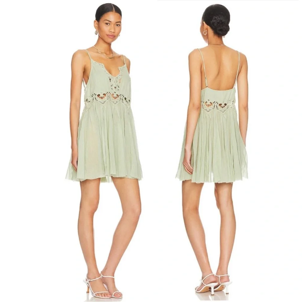 Free People Ilektra Mini Slip Babydoll Dress Large in Mint Green Boho Fairy